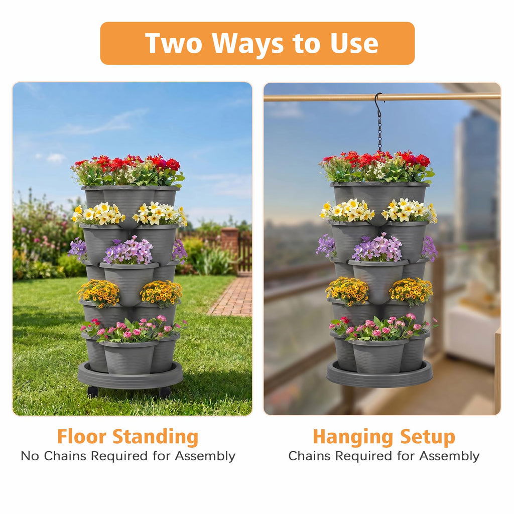 5 Tier Vertical Garden Planter, Self Watering Stackable Planters with Wheels for Strawberries, Herbs, Flowers
