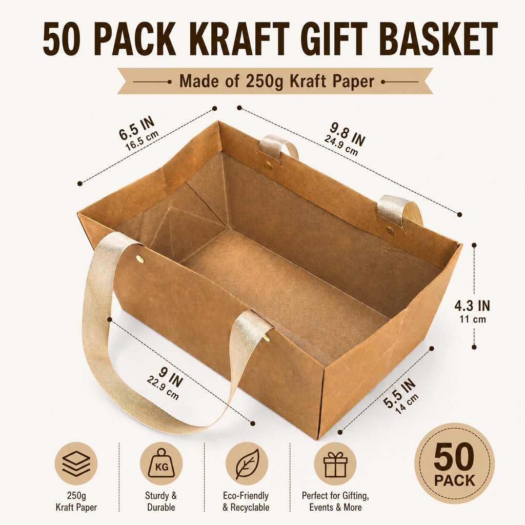 50 Pack Kraft Gift Basket with Handles, 9.8'' x 6.5'' x 4.3'' Empty Paper Basket for Party Gifts, Anniversary