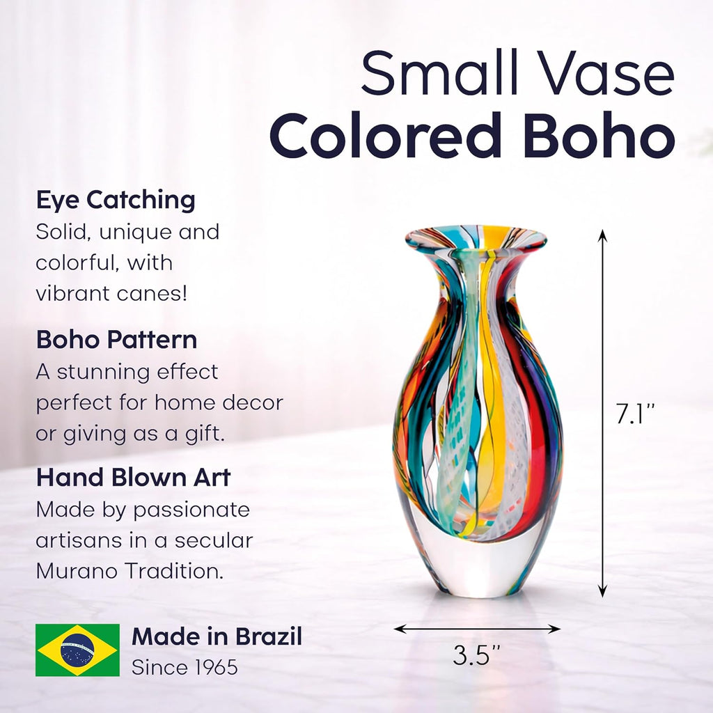 Murano Style Glass Vase Hand Blown Colored Canes Boho Effect Home Decor | Hand Blown Glass Vase, Decorative Table