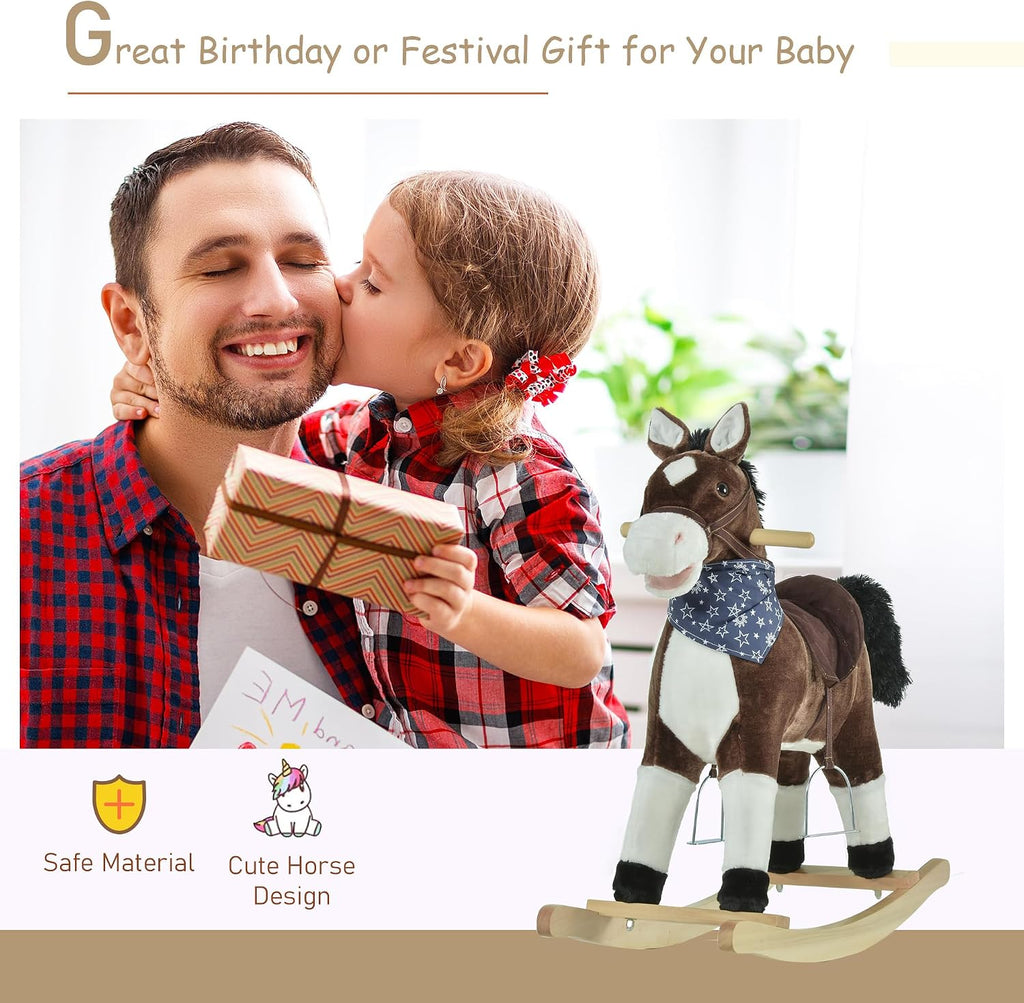 Kids Plush Ride-On Rocking Horse Toy with Fun Realistic Sounds Brown