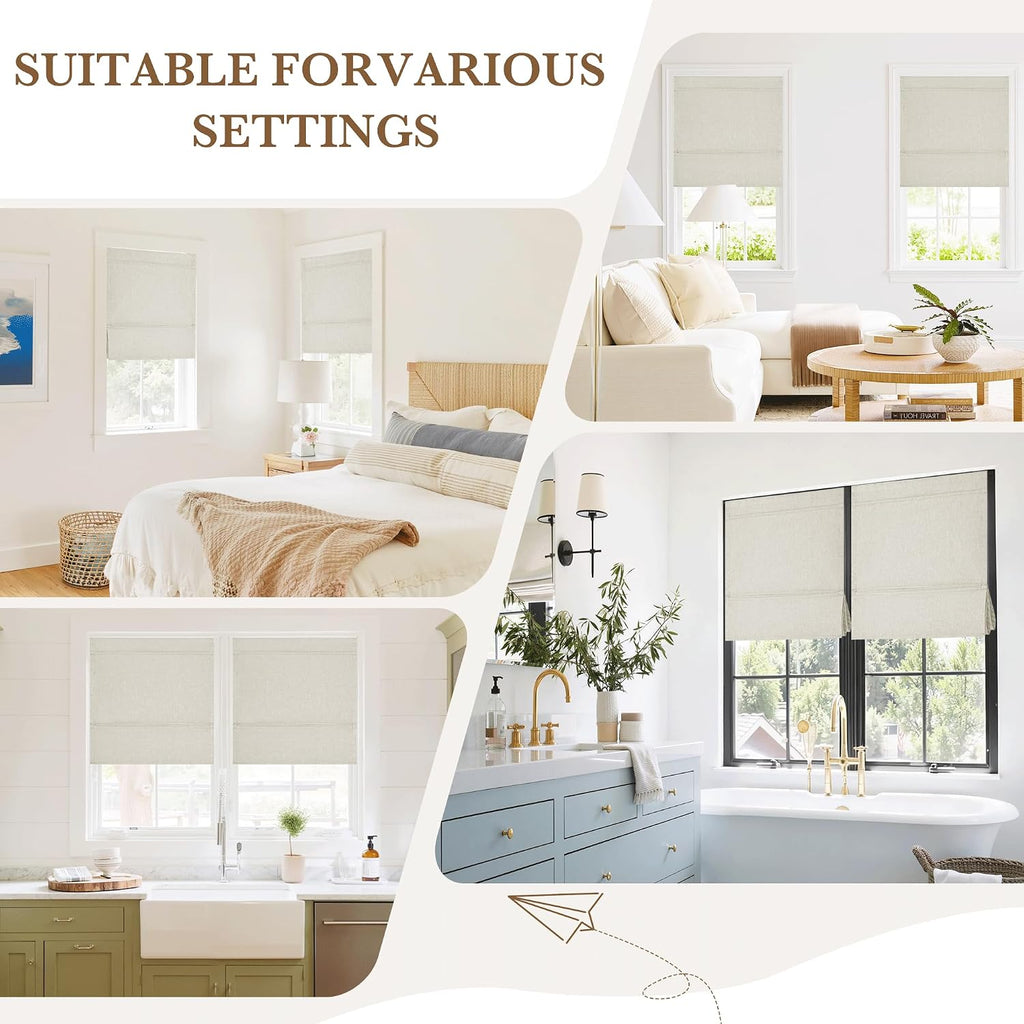 100%Blackout Roman Shades for Windows, Linen Fabric No Drill Magnetic Blind with Adhesive Tape, Thermal Insulation