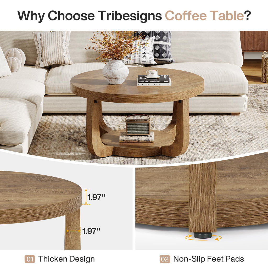 Round Coffee Table, 2-Tier Circle Coffee Table with Storage, Modern Wooden Accent Center Table, Thick Tabletop &