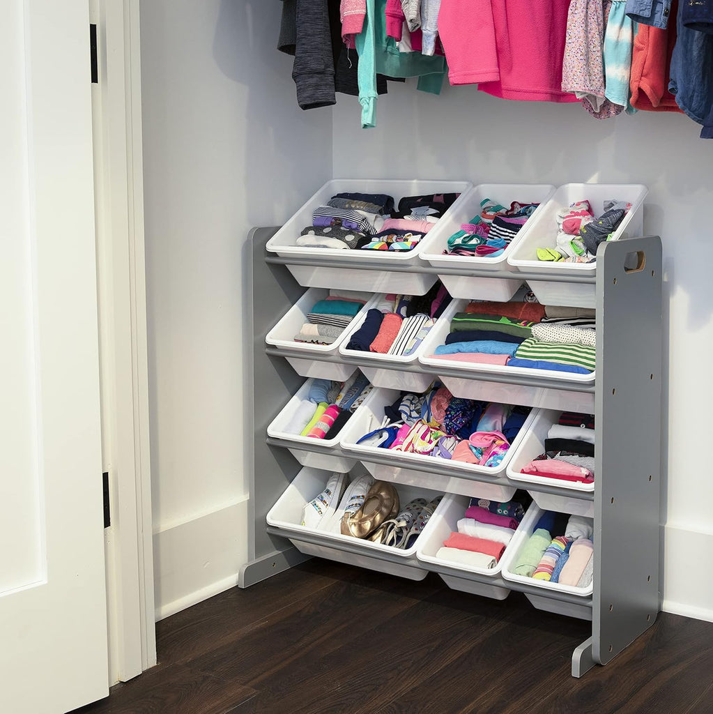Toy Storage Organizer with 12 Removable Storage Bins for Kids Playroom, 4-Tier Toddler Toy Organization, Grey/White