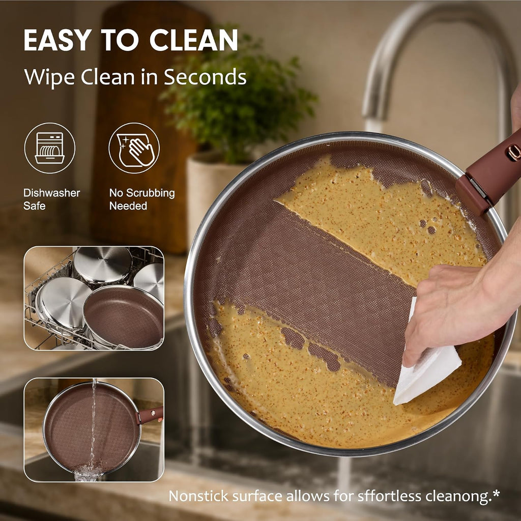 22pcs Hybrid Nonstick Pots and Pans Set, Stainless Steel Cookware Set with Honeycomb Titanium Interior, Induction