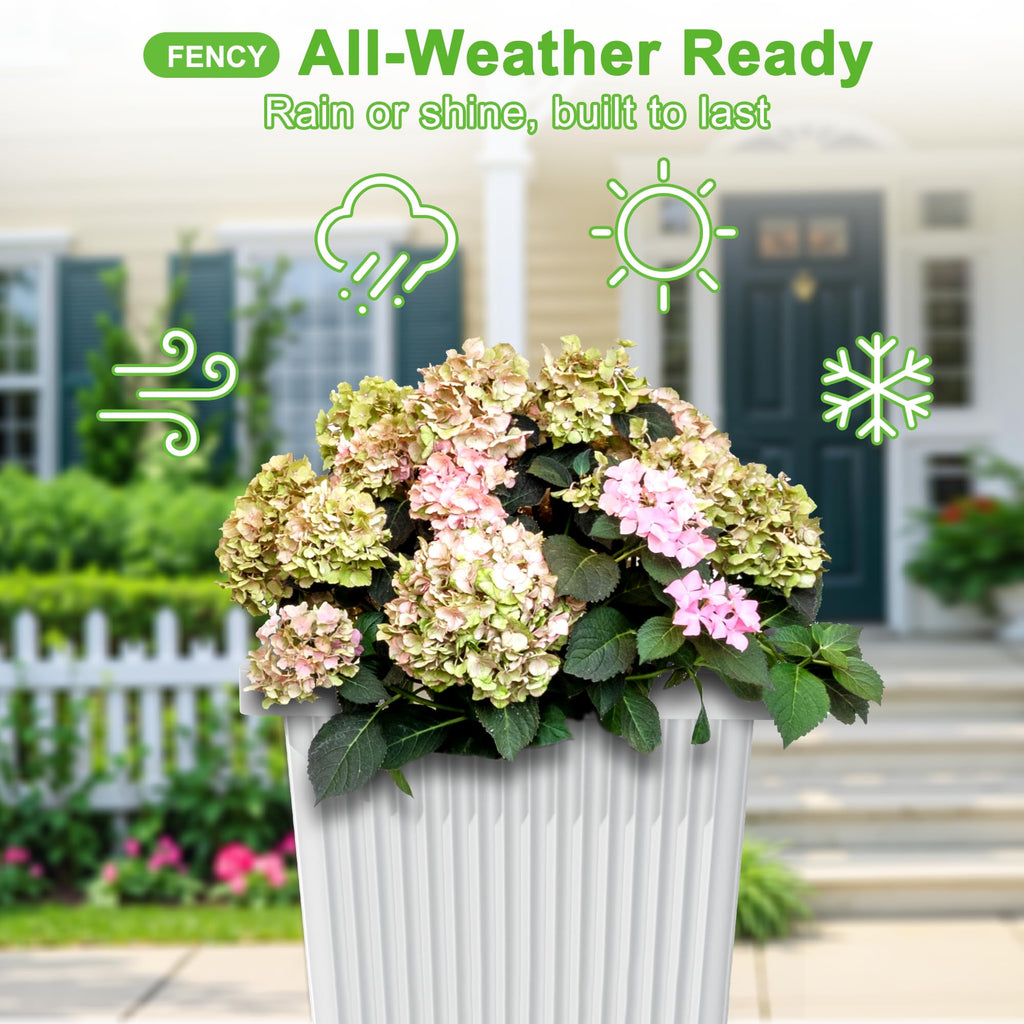 Set of 2 Tall Planters for Outdoor Plants, White Ribbed