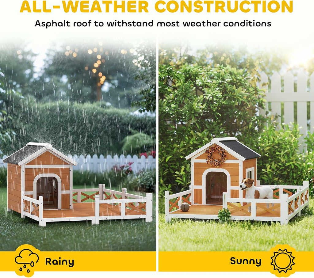 Outdoor Dog House, 56" Wooden Dog House with Large Porch, Weatherproof & Openable Roof, Elevated Base, Removable