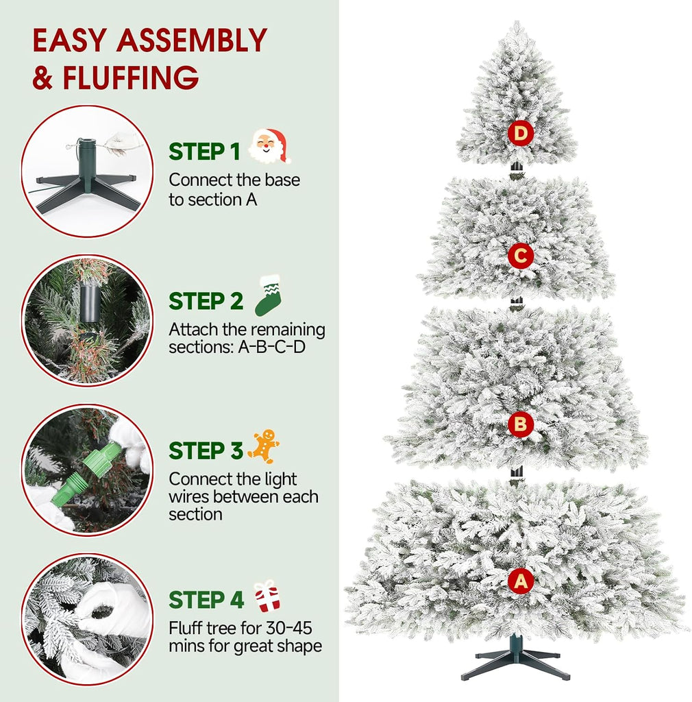 9FT Pre-lit Artificial Christmas Tree with Remote, Warm White+Multicolor 8 Modes Snow Flocked Xmas Light with 2512