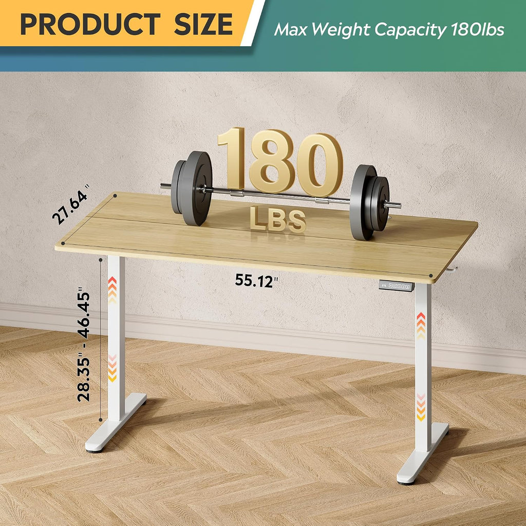 55 Inch Standing Desk with Split Top, Computer Desk, Maple | LED Touchscreen, Headphone Hook, 3 Memory Preset