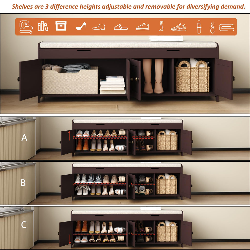 54.4" Shoe Bench with Lift Top Storage, Entryway Bench with Cushioned Seat, Wooden End of Bed Bench, Shoe Cabinet