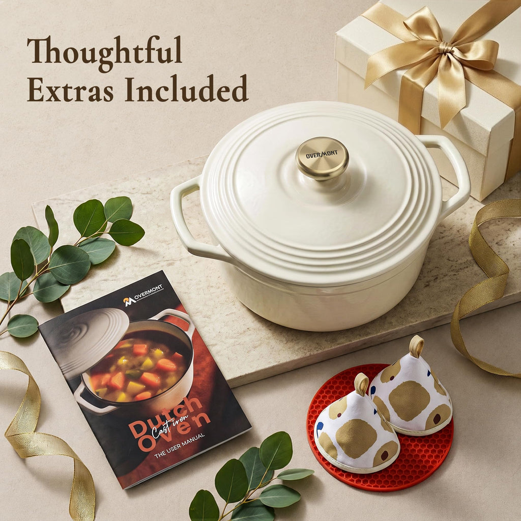Enameled Cast Iron Dutch Oven - 5.5QT Pot with Lid Cookbook & Cotton Potholders - Heavy-Duty Cookware for Braising