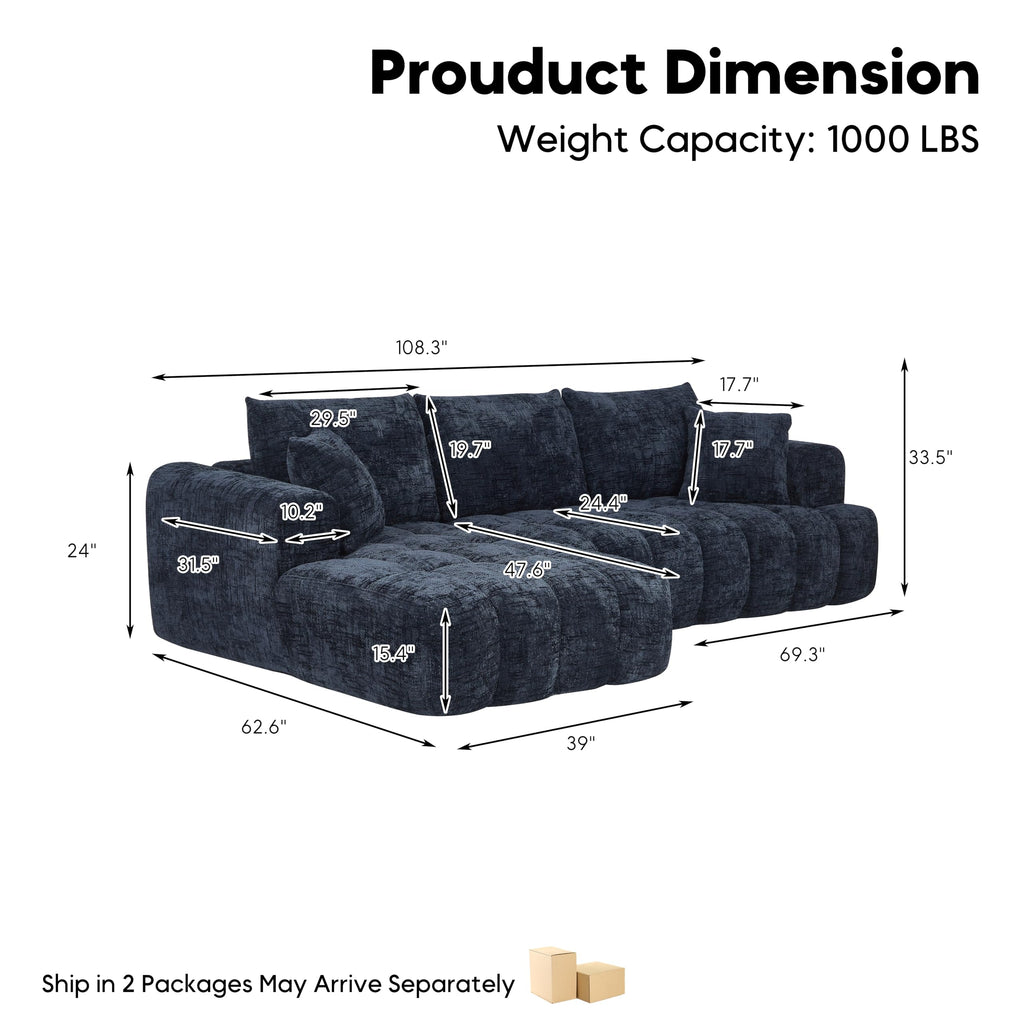 108" Cloud Modular Sectional Sofa Couch with Deep Seat, Modern L-Shaped Boneless Couch with Chaise, Comfy Chenille