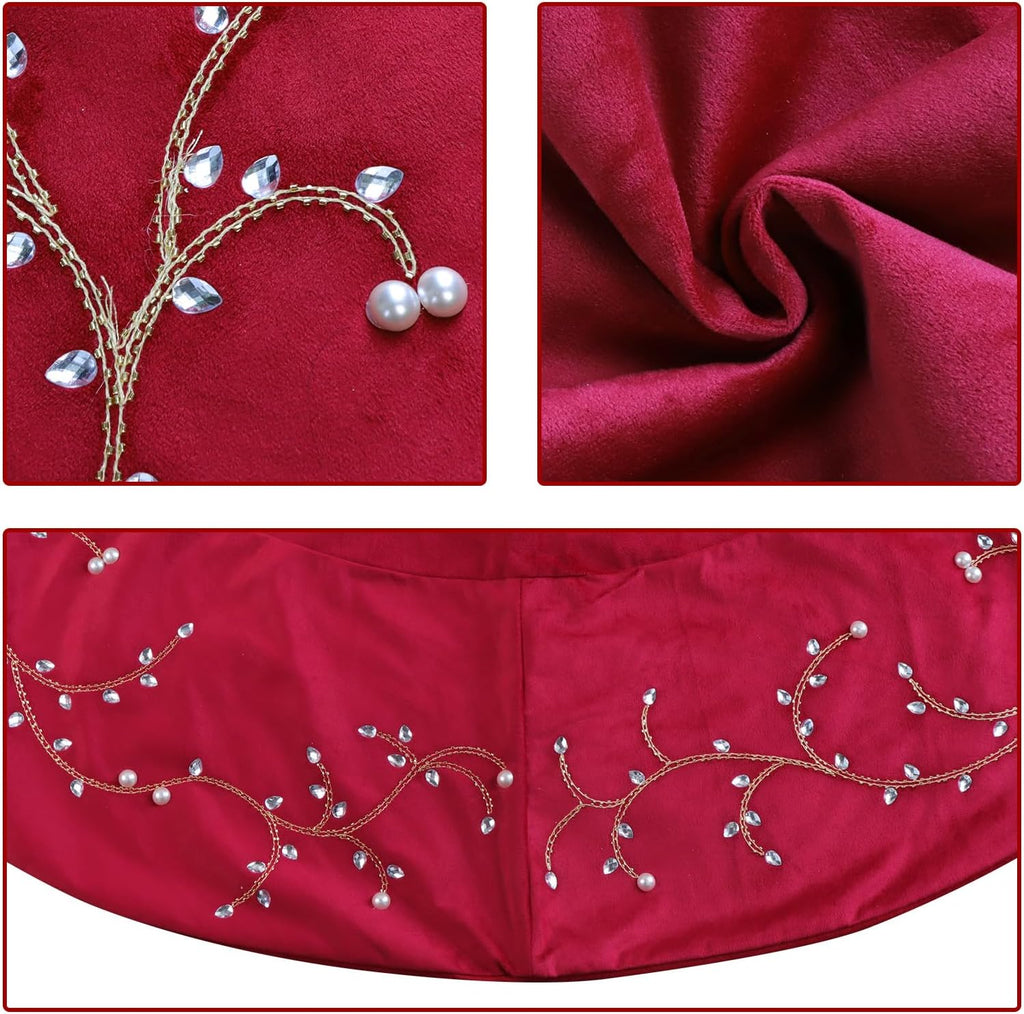 Christmas Tree Skirt, 60 inches Classic Large Velvet Fur Plush Red Tree Skirt, Baroque Tree Skirts with Gold