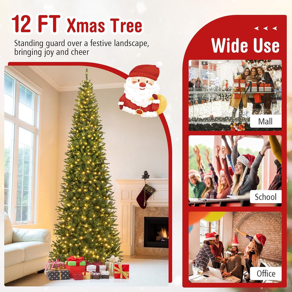 12 FT Pre-lit Artificial Christmas Tree, Hinged Christmas Tree w/Quick Power Connector, 2125 Branch Tips & 800 Warm