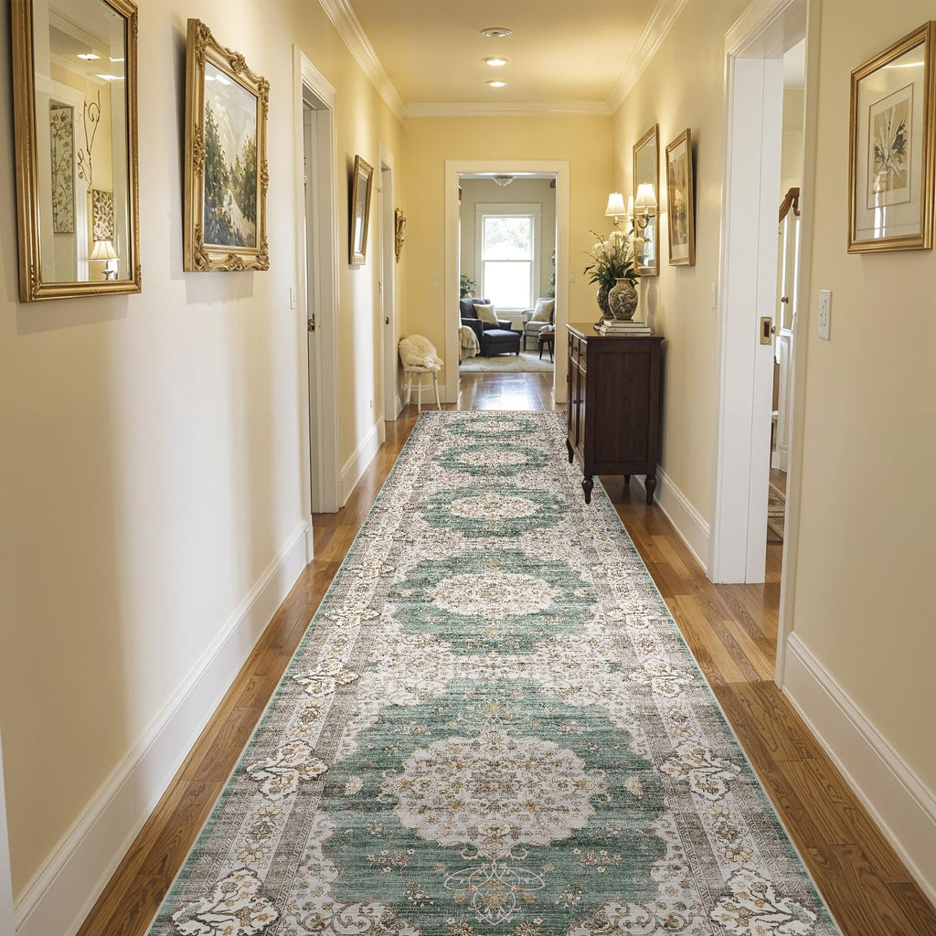 3x20 Runner Rug Washable Vintage: Non Slip Long Hallway Runners Green/Beige