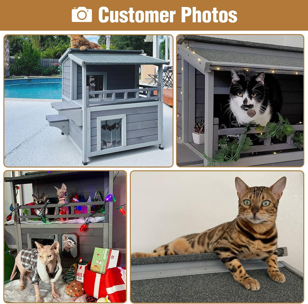 Outdoor Cat House Weatherproof 2 Story Wooden Feral Cat Shelter Easy Clean