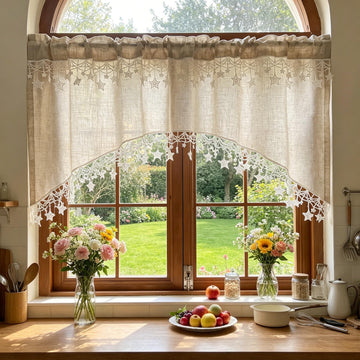 1 Panel Boho Style Beige Arched Linen Cafe Curtain Valance with Stars Trim