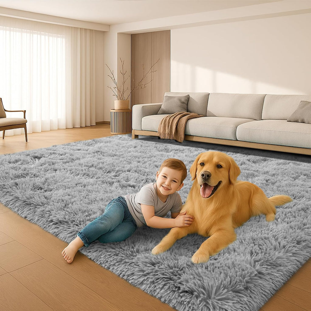 Grey Fluffy Shag Area Rug, Non-Slip Thick Soft Carpet