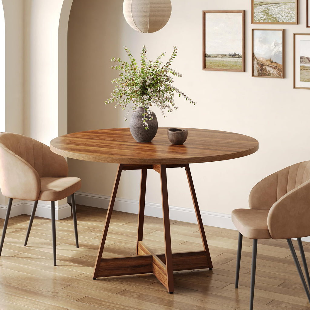 39 Inches Round Dining Table for 2-4, Farmhouse Circle Kitchen Table, Wooden Dinner Table with Heavy Duty Pedestal