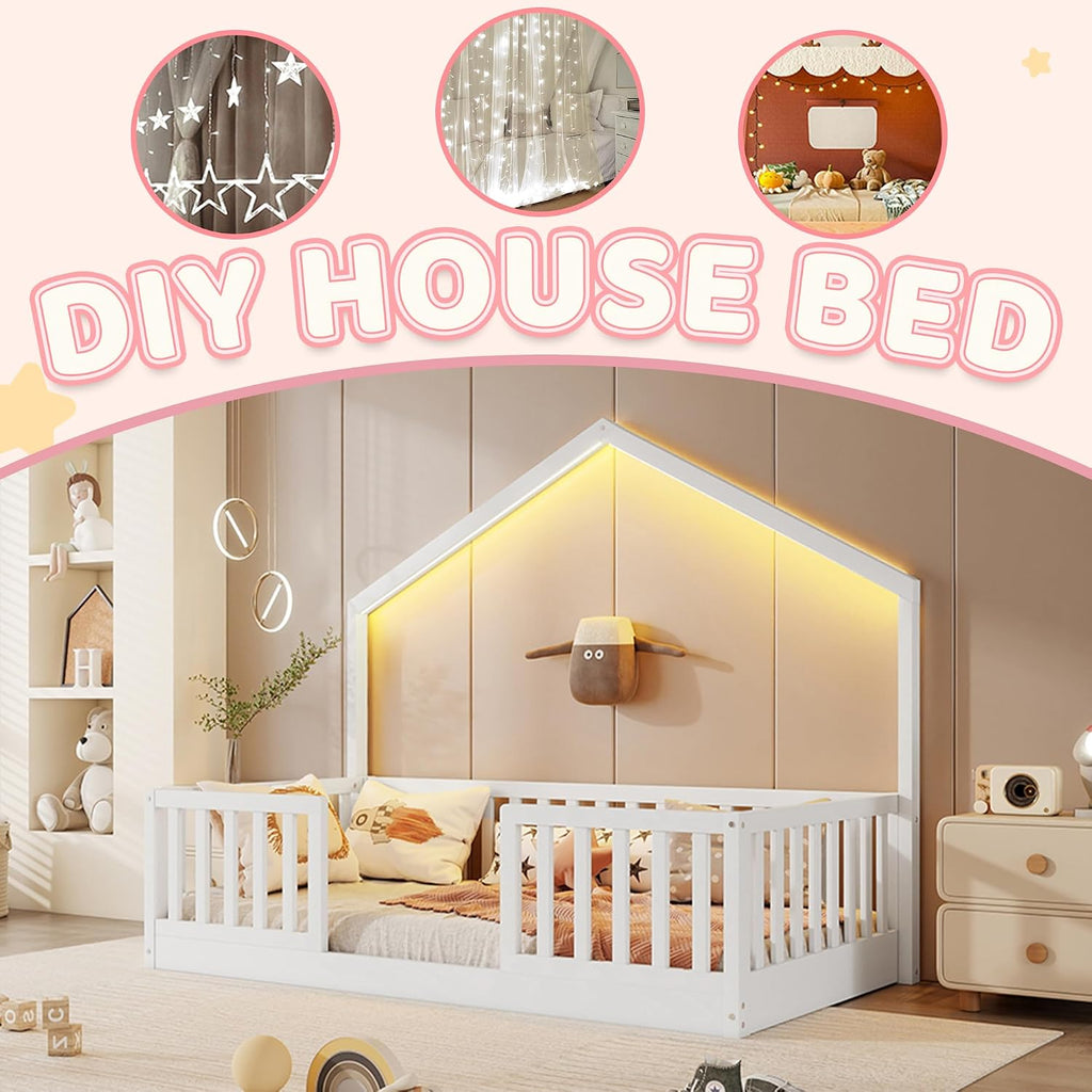 Montessori House Floor Bed with High Rails and LED Light, White