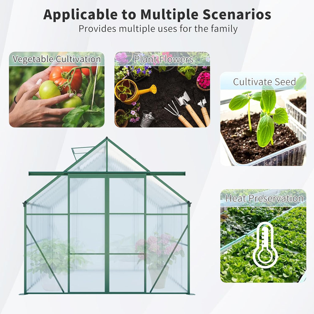 8x8 FT Green Outdoor Walk-in Polycarbonate Greenhouse Dual Sliding Doors Adjustable Roof Vent Aluminum Frame