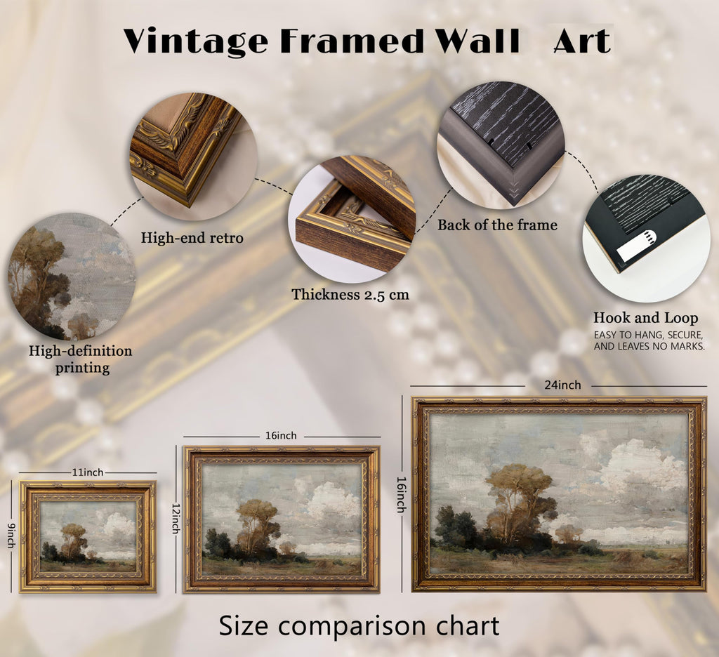 Vintage Gold Framed Landscape Wall Art Antique Cloudy Country Tree Painting