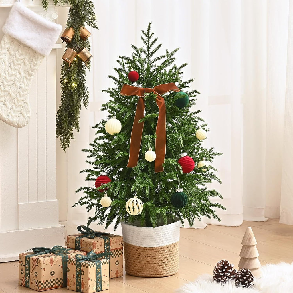 3FT 2PCS Small Christmas Tree with Lights, Pre-Lit Norfolk Pine Tree Potted