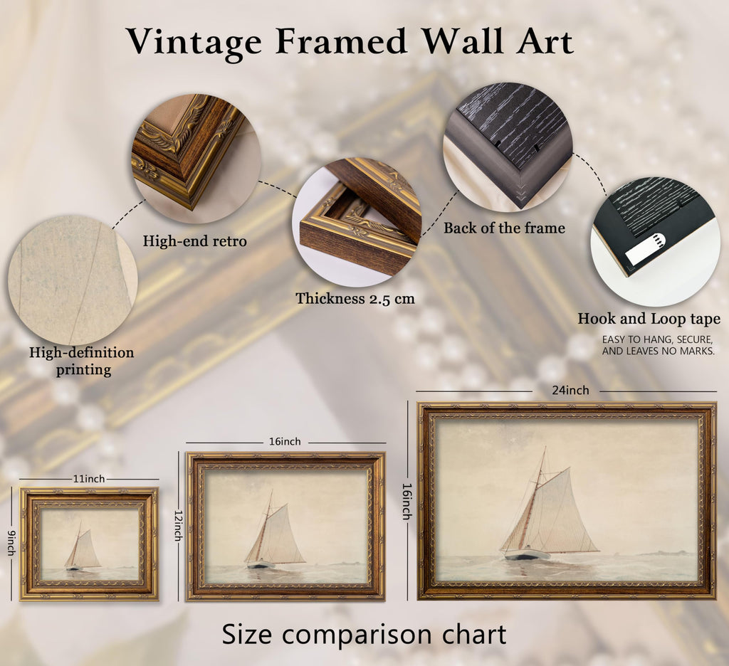 Vintage Gold Framed Sailboat Canvas Wall Art Retro Coastal Neutral Muted Painting Picture Wall Decor Farmhouse