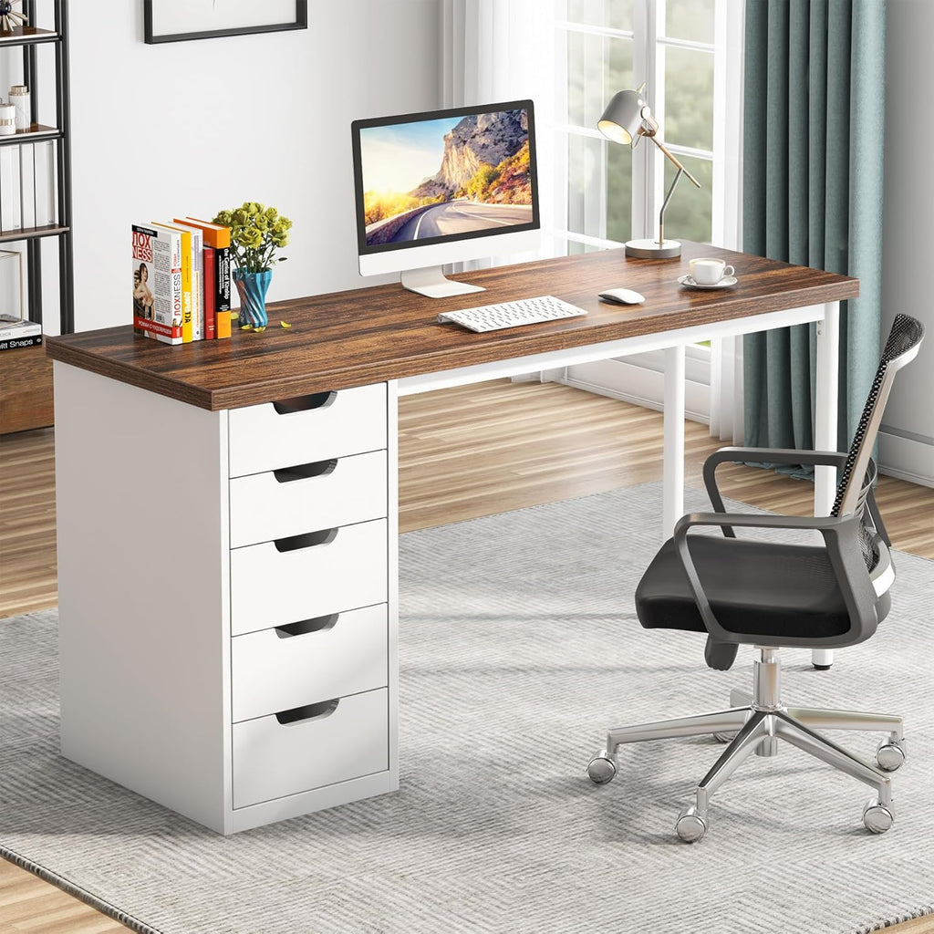 Computer Desk with 5 Drawers, 47 inches Rustic Brown Home Office Desk with Storage