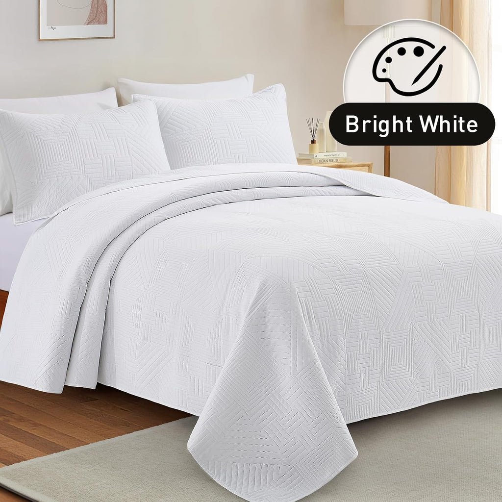 White Quilt King with Pillow Shams, Summer Soft Geometric Pattern Bedspread, 3 Pieces Lightweight Coverlet Bedding