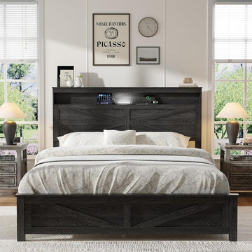 Farmhouse Wooden Bed Frame Queen with Storage Headboard, Boho Platform Bedframe with LED Lights and Charging Station