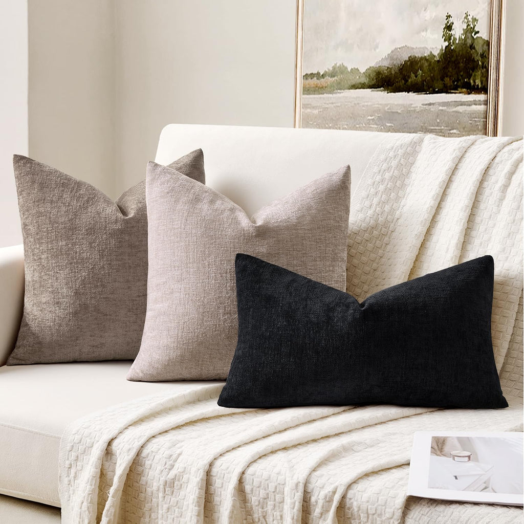 Black Chenille Couch Lumbar Throw Pillow Covers, 12x20