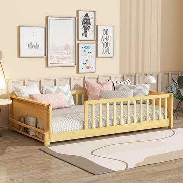 Montessori Floor Bed with Side Bookshelf, Natural, With Door