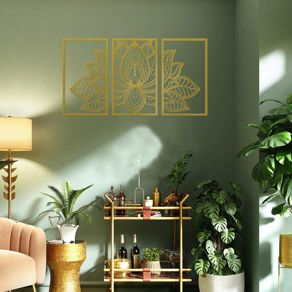 3Pcs Gold Lotus Mandala Metal Flower Wall Decor (32" x 17")