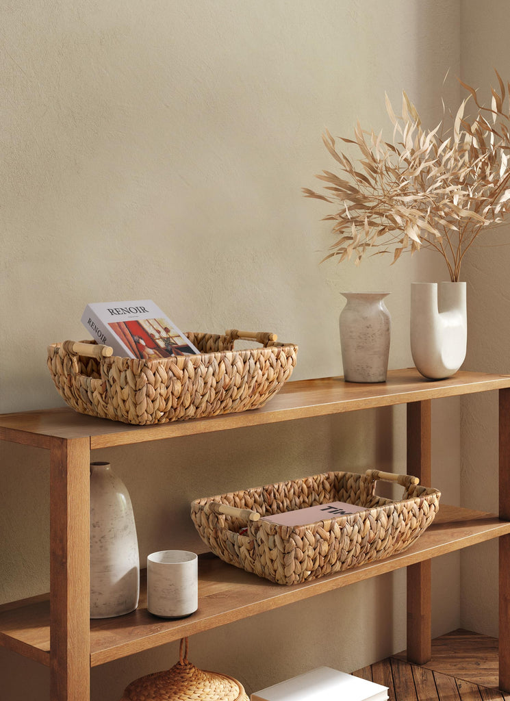 Water Hyacinth Storage Baskets with Wooden Handles, Large Wicker Baskets for Organizing Set of 2