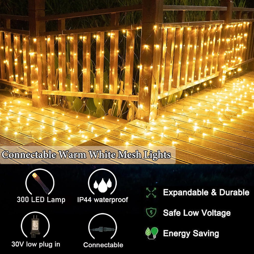 300LED Net Lights, 14.8ft x 5ft Connectable Christmas Net Lights 8 Modes, Waterproof Mesh Lights Plug in for Bushes