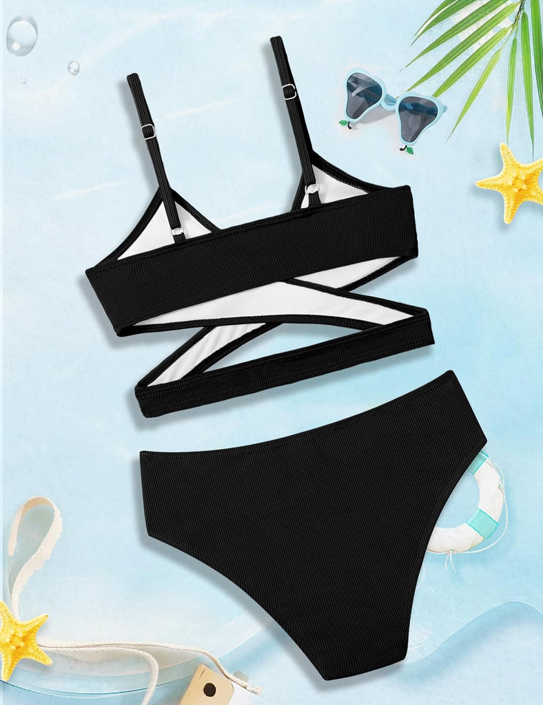 Girls Swimsuit Bikini Set,Criss Cross Bathing Suits for Girl Two Piece Solid Color Girls' Swimwear