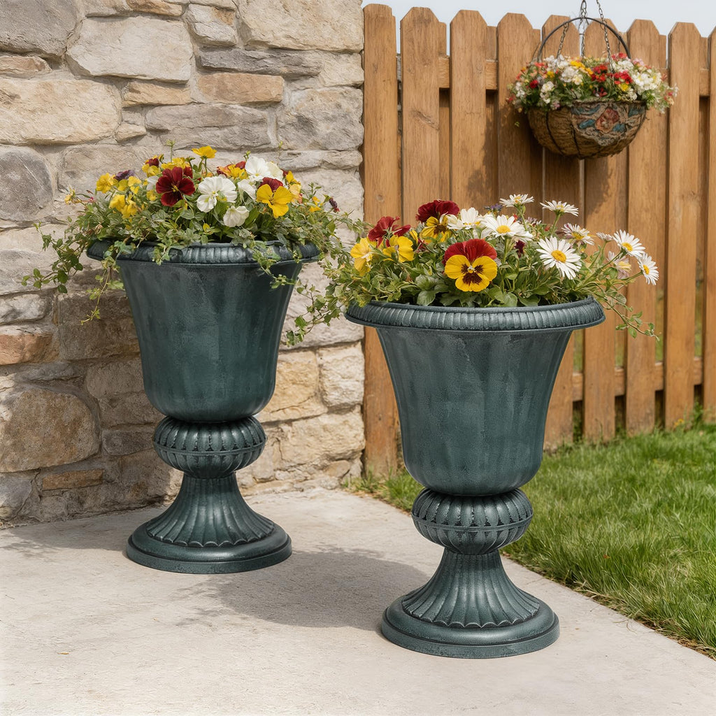 20" Tall Urn Planters for Outdoor Plants, 2 Pack, Green