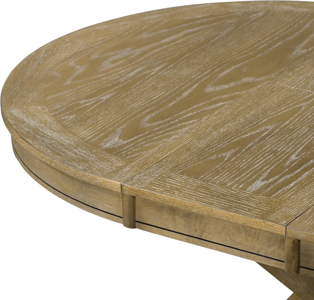 Retro Style Round Dining Table Functional Wooden Extendable Oval Dining Table with 12" Leaf and Natural Wood Grain