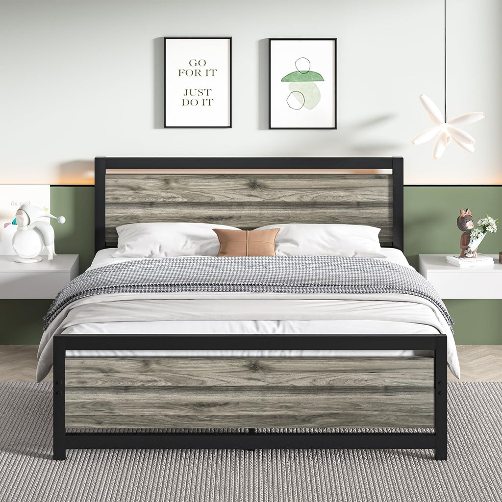 Full Bed Frame with Headboard, Under-Bed Storage, Wash Grey