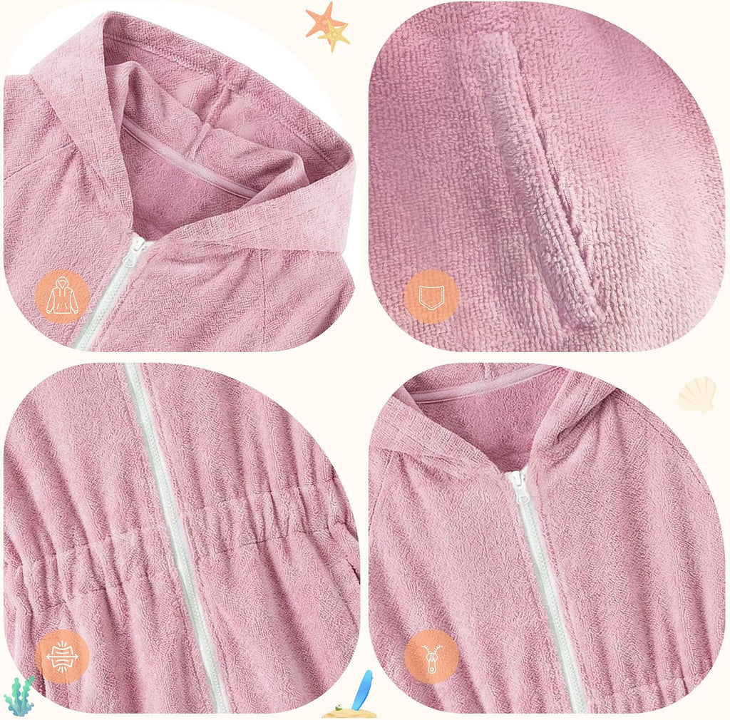 Girls Swim Cover Up Hooded with Zipper, Terry Cloth Quick Dry Absorbent Wrap After Swim Pool Beach