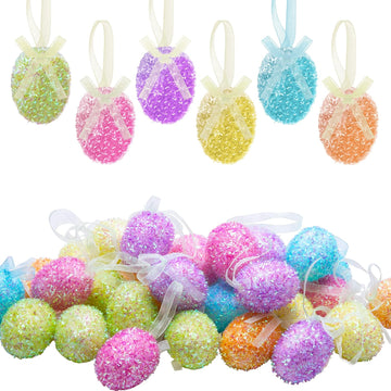 Easter Glitter Hanging Eggs - Colorful Tinsel Easter Egg Ornaments, Spring Foam Hanging Egg Ornament for Tree - Set of 30