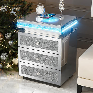 Mirrored Nightstand with Wireless Charging Station, Modern LED Side Table with 3 Drawers, Silver Accent End Table