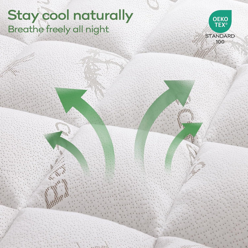 King Bamboo Viscose Cooling Mattress Topper, White | Soft Quilted Comfort, Pillow Top Mattress Pad, Plush Down
