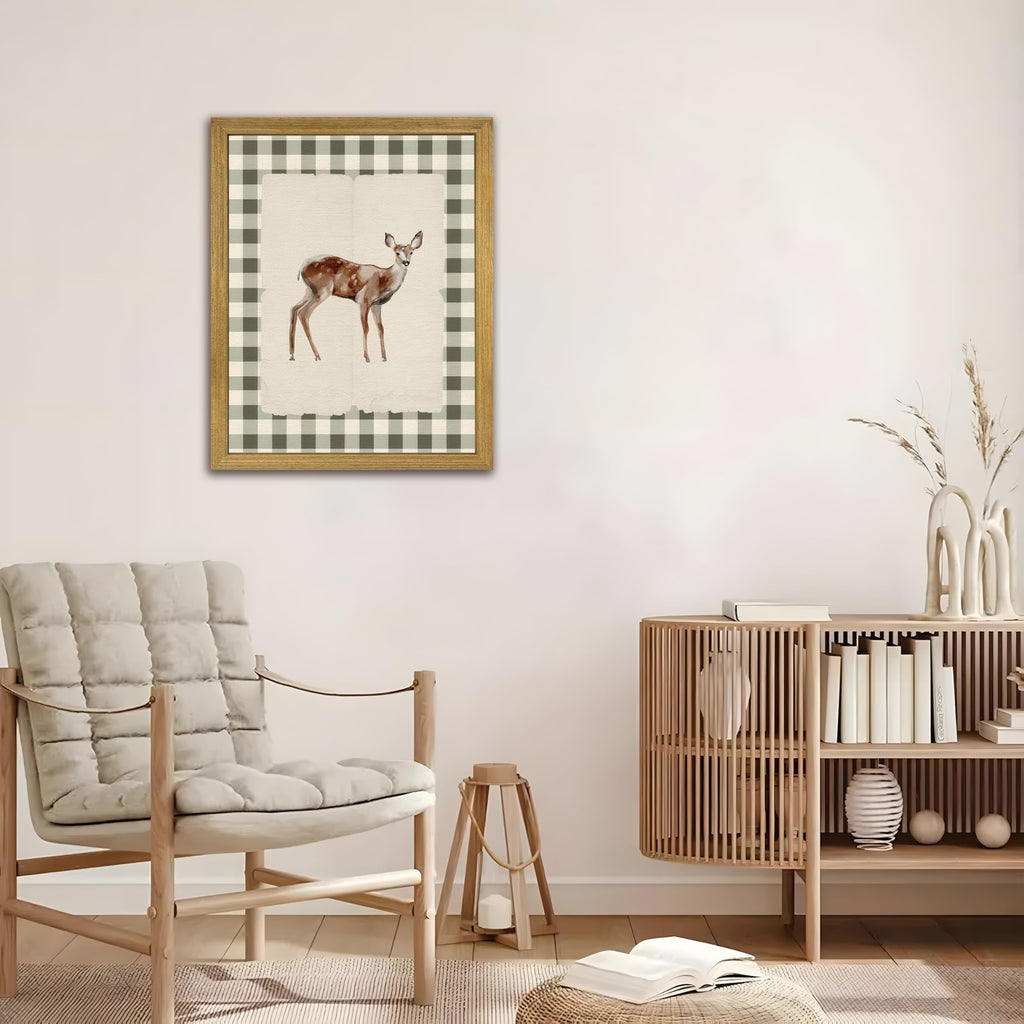 Wood Framed Deer Wall Art Print, Woodland Baby Deer Canvas Poster Wall Decor, Vintage Rustic Green Gingham Farmhouse