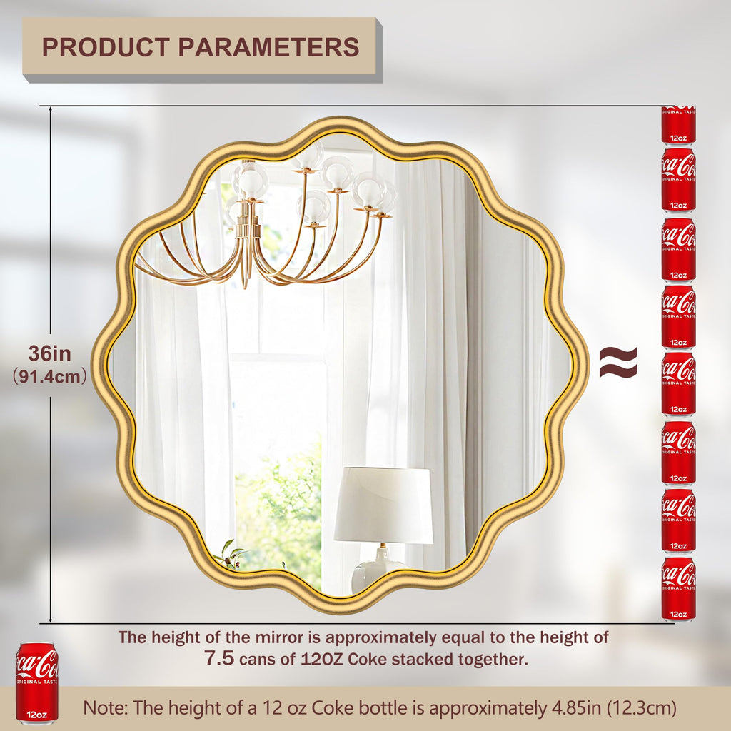 Gold Wavy Round Wall Mirror 36 Inch, Bathroom Decor