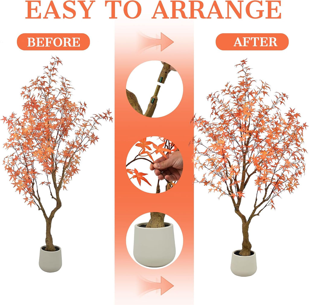 Maple Tree 6.5FT - Large Faux Plants Indoor with 504 Orange Leaves & Realistic Trunk, 78" Tall Fake Autumn Maple Tree