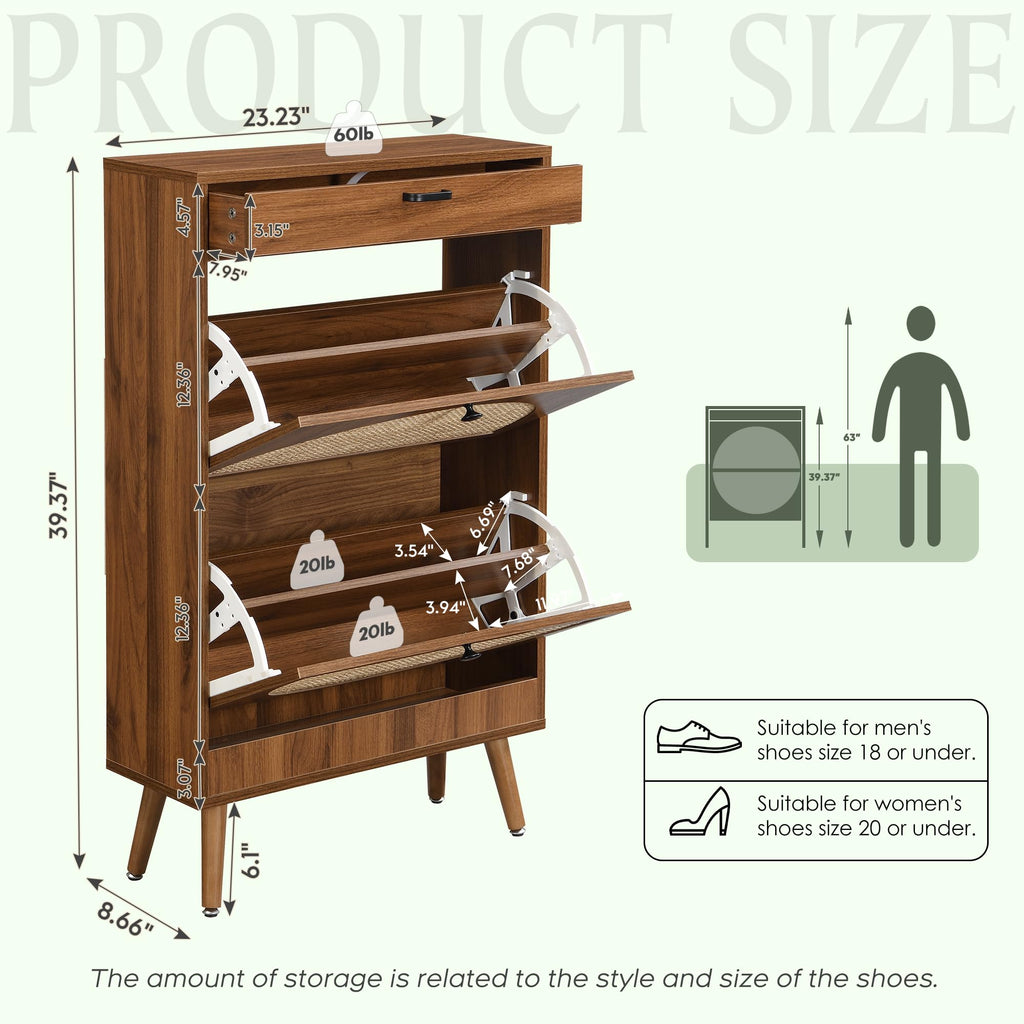 Shoe Rack Storage Organizer with 2 Natural Semi-Circular Rattan Doors, Entryway Wooden Shoe Cabinet for Sneakers