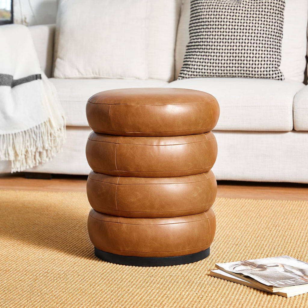 Set of 2 Modern Storage Ottomans, Upholstered PU Leather Accent Footrest Ottomans, Round Vanity Foot Stools with