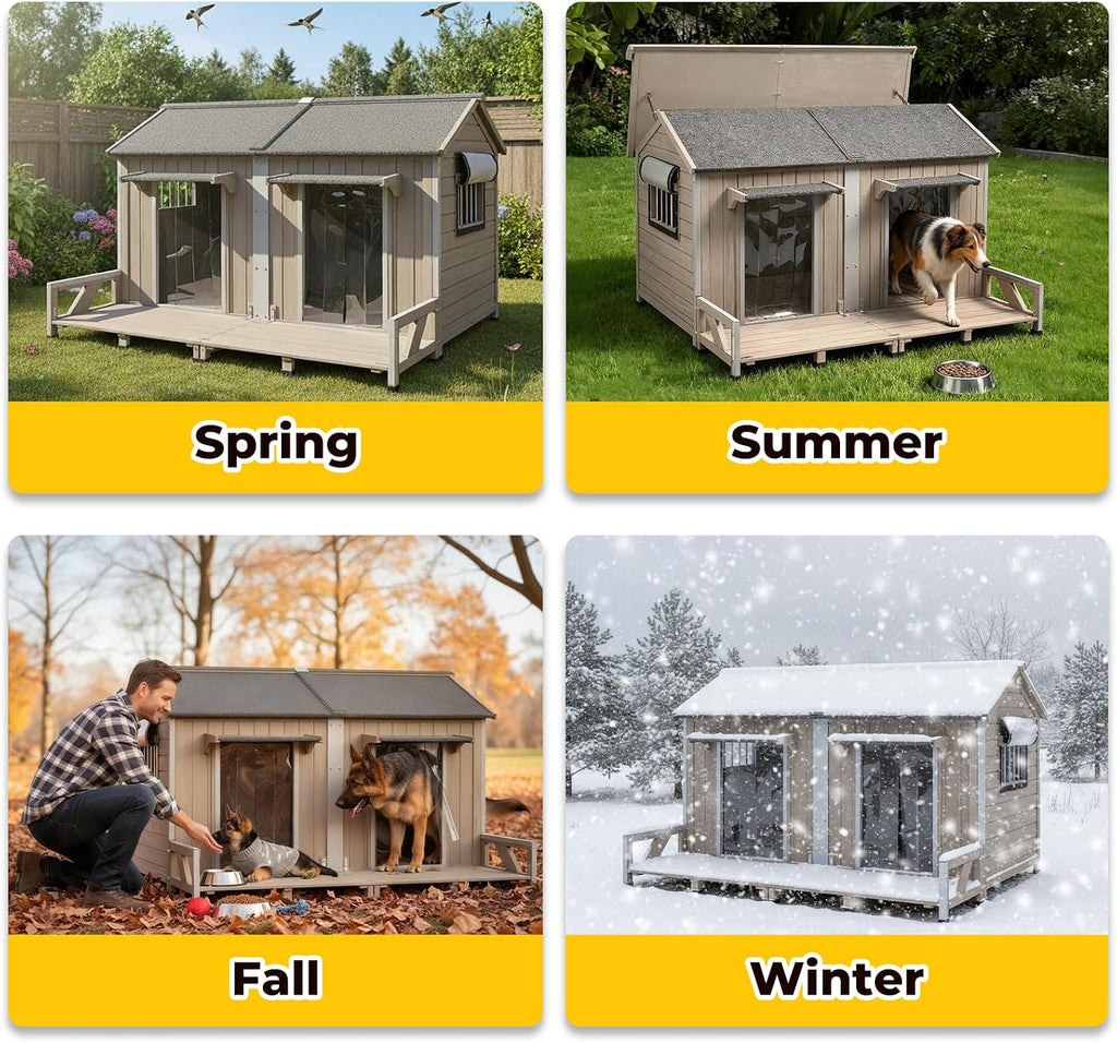 Extra Large Outdoor Dog House with Balcony, Weatherproof House for 2 Dogs