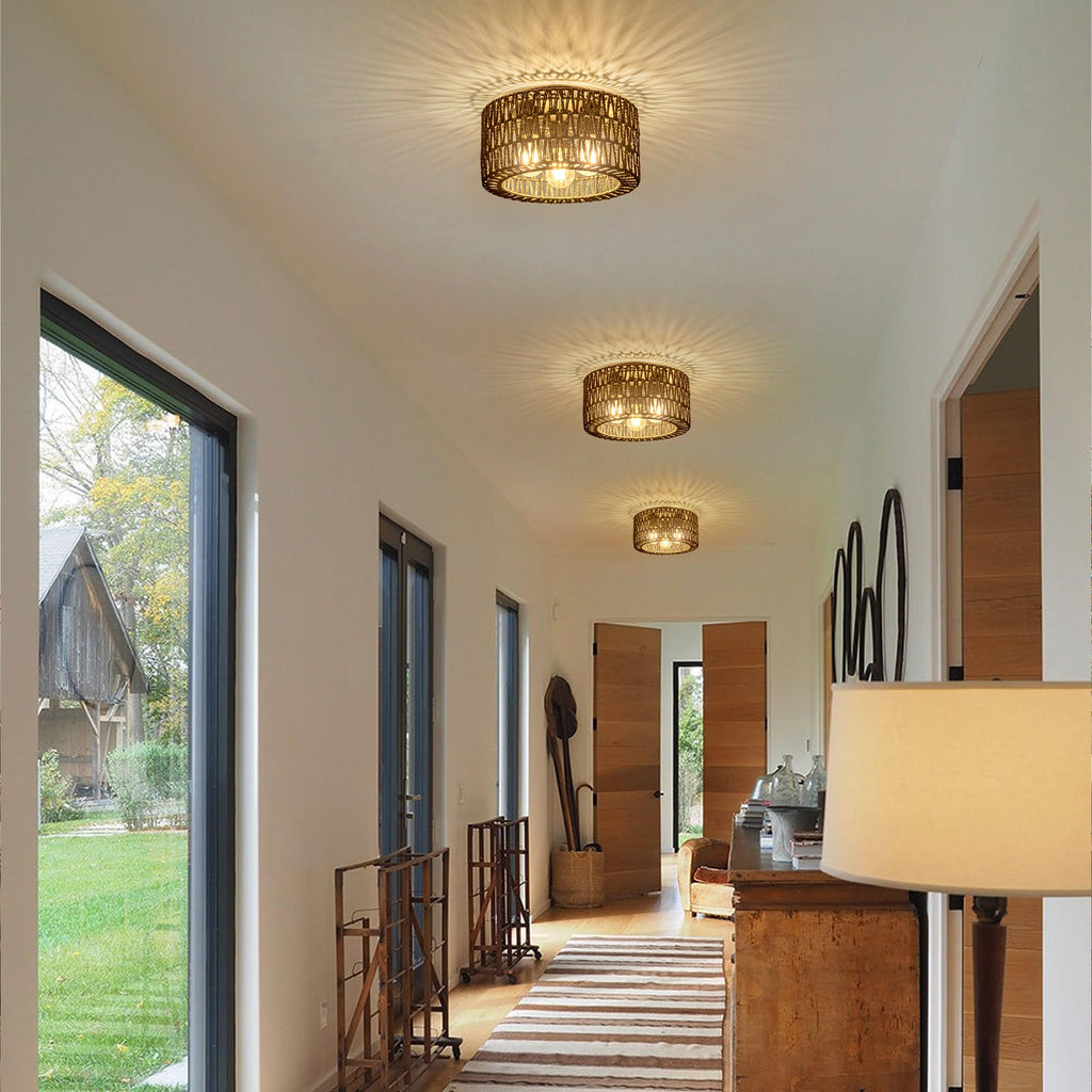 Rattan Ceiling Light Fixture, 3-Light Bohemian Modern Woven Ceiling Light, Black Boho Flush Mount Ceiling Light